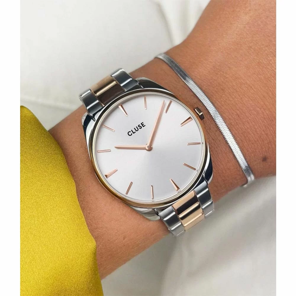 CLUSE Feroce Steel White Rose Gold Silver Colour The Little Green Bag
