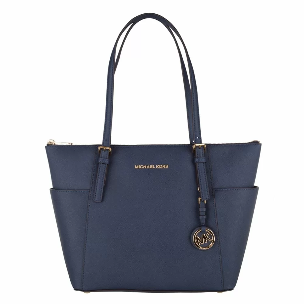 Michael Kors Jet Set Item EW Top Zip Tote navy gold hardware The Little Green Bag