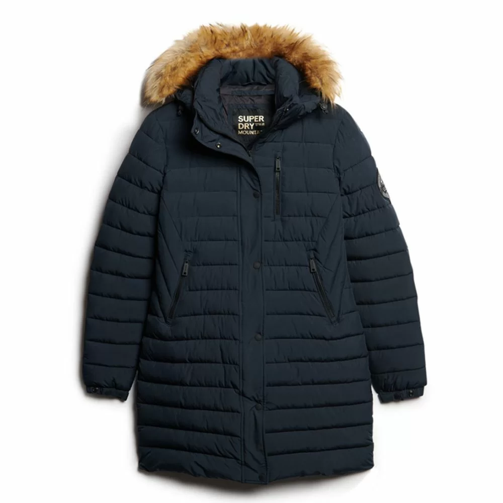 Superdry Fuji Hooded Mid Length Puffer Nordic Chrome Navy The Little Green Bag