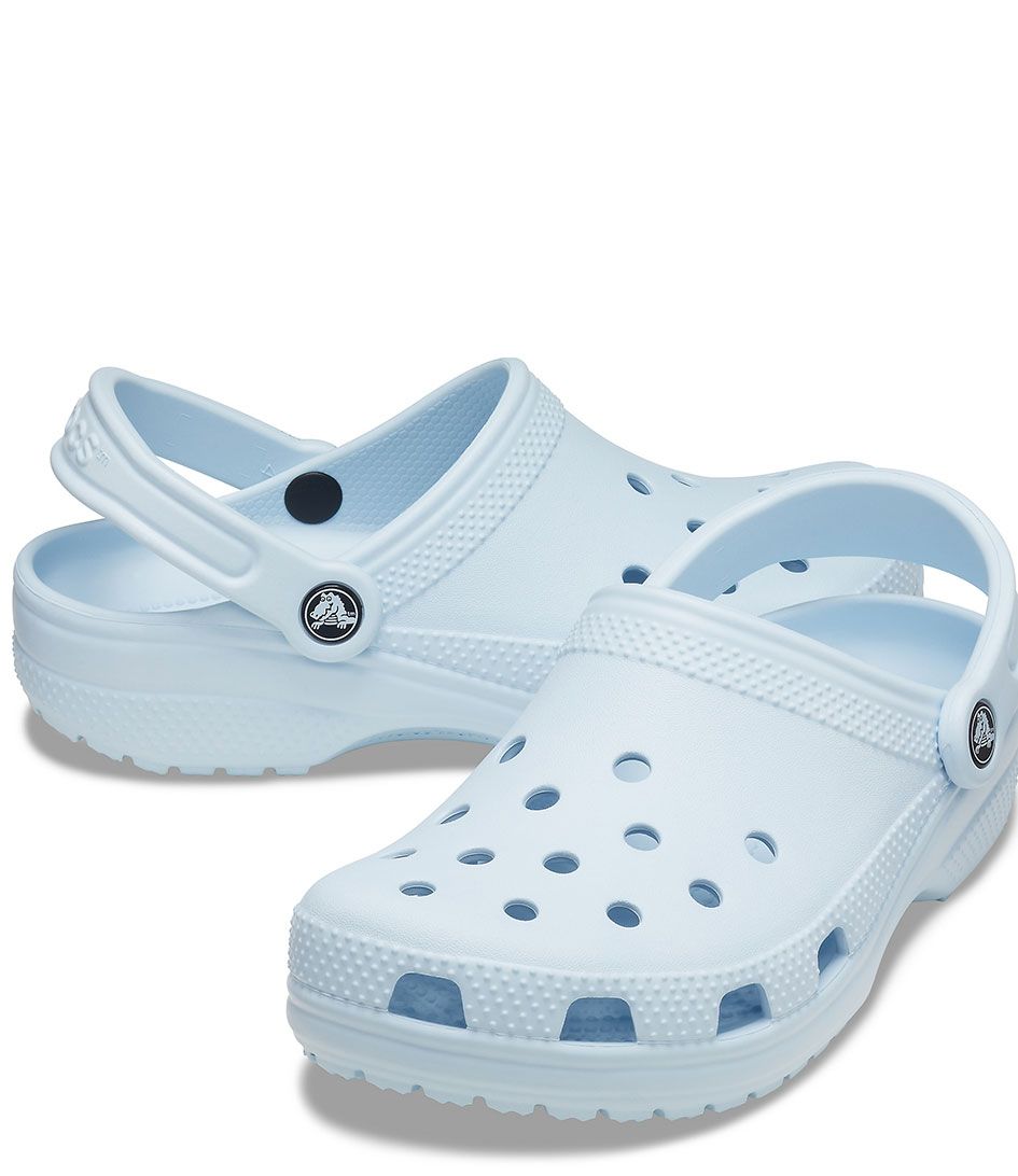 blue and white crocs