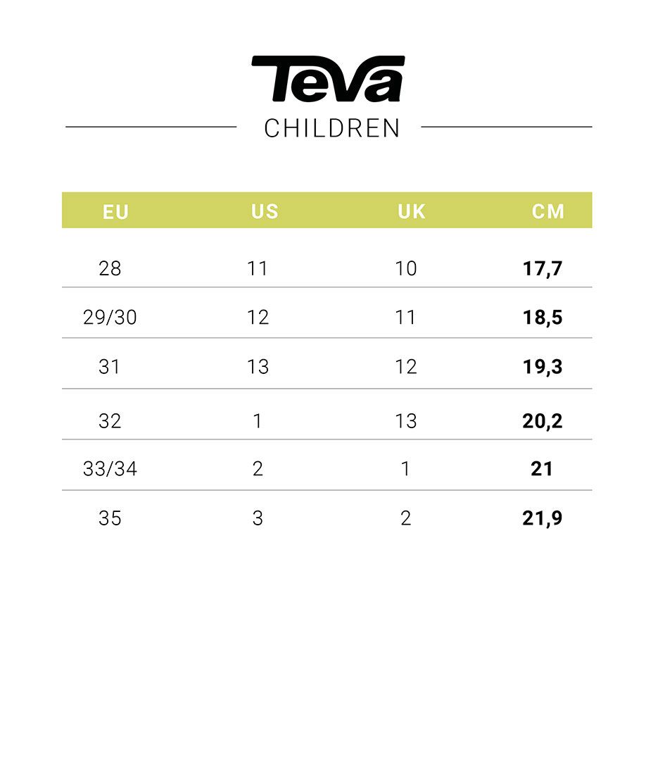 teva toddler size chart