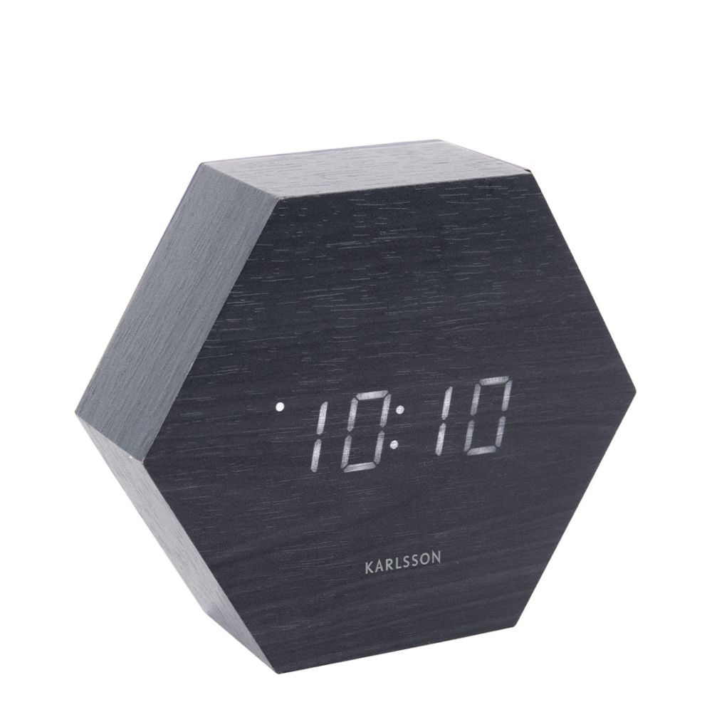 Karlsson Alarm clock Hexagon veneer white LED Black The Little Green Bag