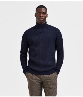 SELECTED HOMME Aiko Long Sleeve Knit Cable Roll Neck B Sky Captain