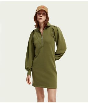 Zipped Neck Sweat Dress With Puffed Sleeves