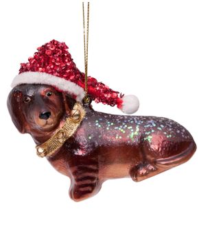 Ornament glass little dachshund w/hat
